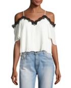 Fefe Cold-shoulder Lace-trim Pleated Blouse, White/black