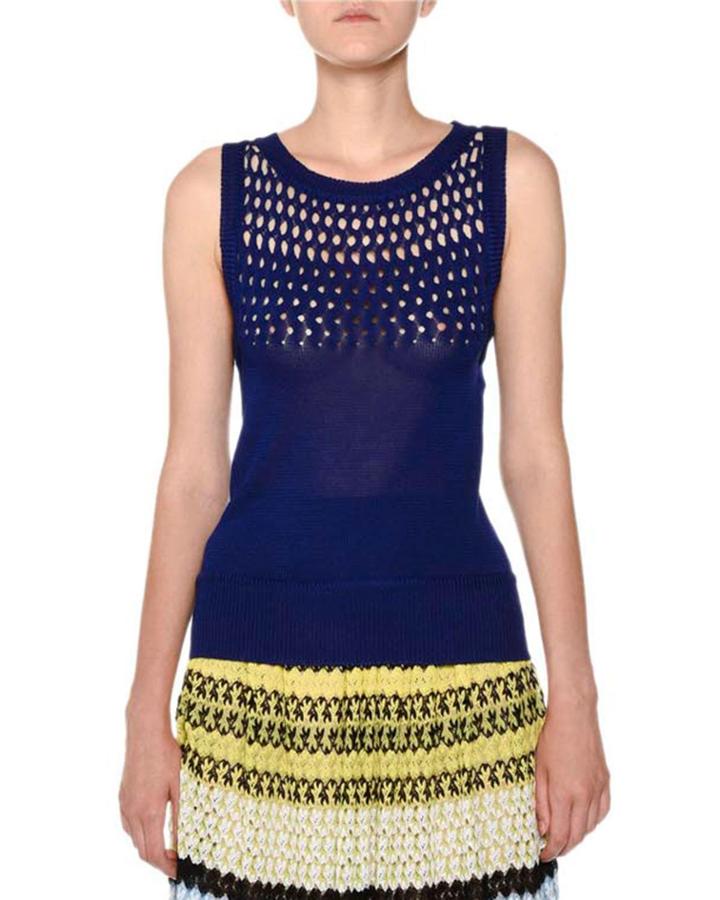 Sleeveless Crewneck Wave-stitch Tank Top