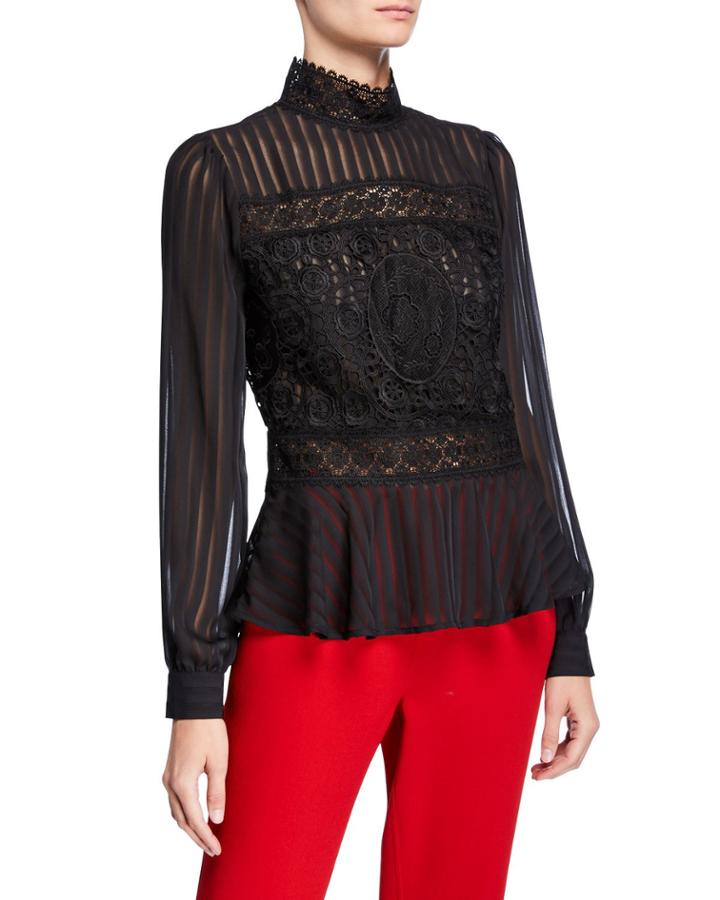 Shadow Stripe And Lace Peplum Blouse