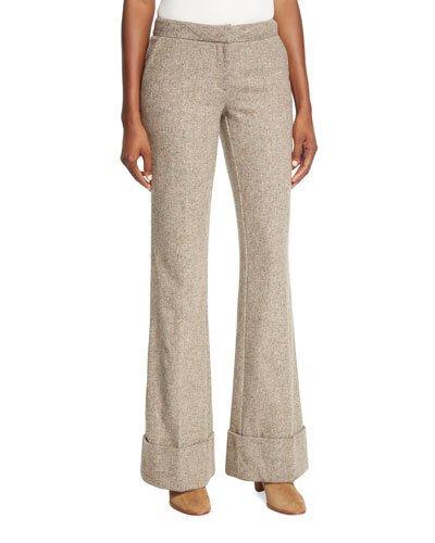 Cuffed Wide-leg Herringbone Pants, Brown