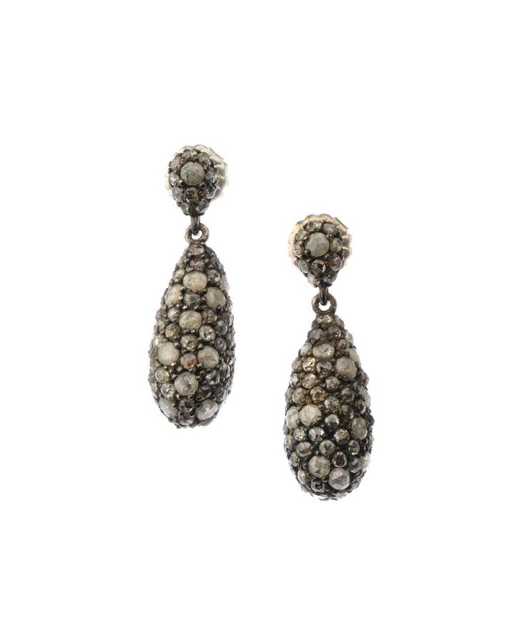 Black Silver Teardrop Earrings With Champagne/gray Diamonds