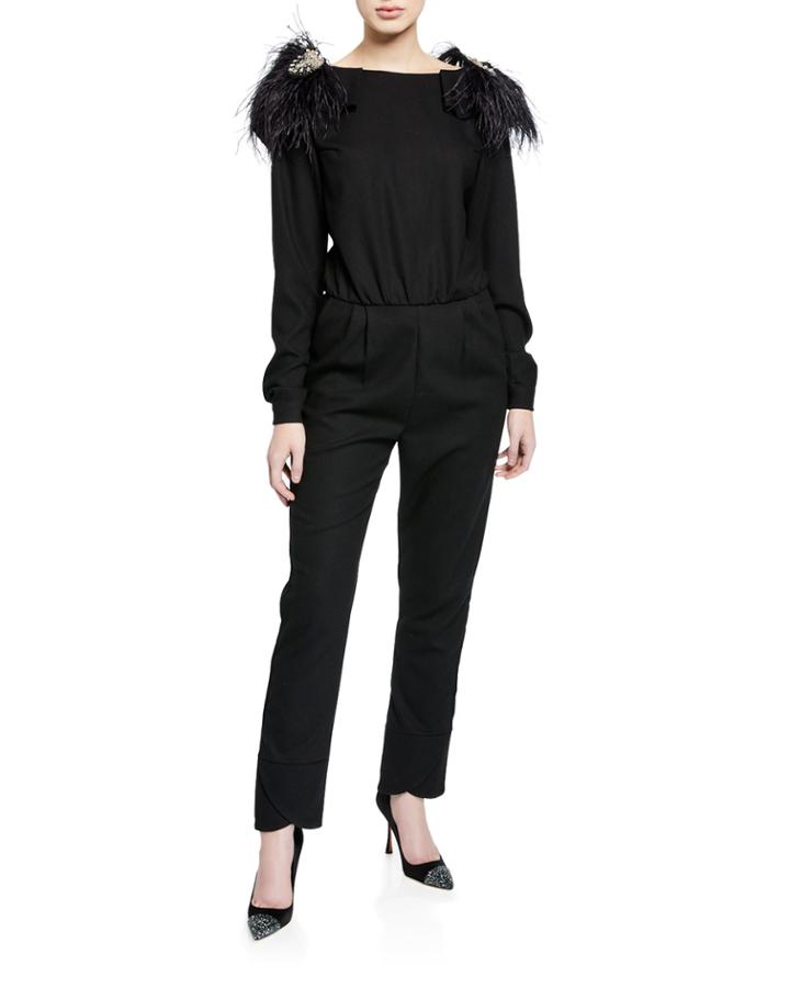 Feel Me Ruffle-neck Open V-back Long-sleeve Skinny Wool Jumpsuit