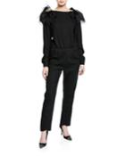 Feel Me Ruffle-neck Open V-back Long-sleeve Skinny Wool Jumpsuit