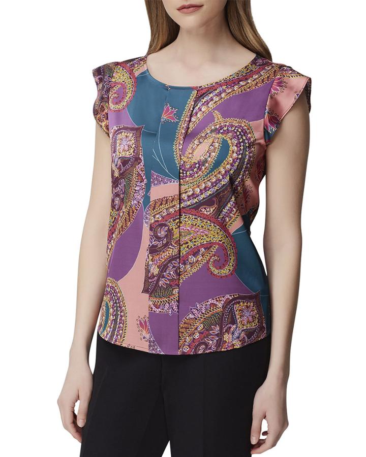 Printed Flutter Cap-sleeve Pleat-front Top
