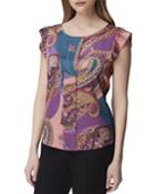 Printed Flutter Cap-sleeve Pleat-front Top