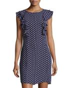 Ruffle-sleeve Polka-dot Shift Dress, Blue Pattern