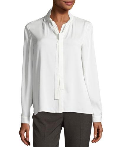 Long-sleeve Tie-neck Top, Ivory
