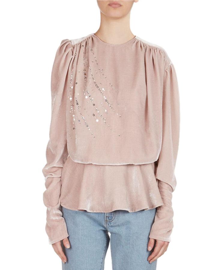 Asuncion Sequined & Strass Velvet Peplum Top, Pink