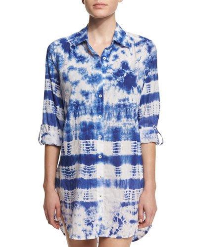 Tie-dye Long-sleeve Shirtdress Coverup