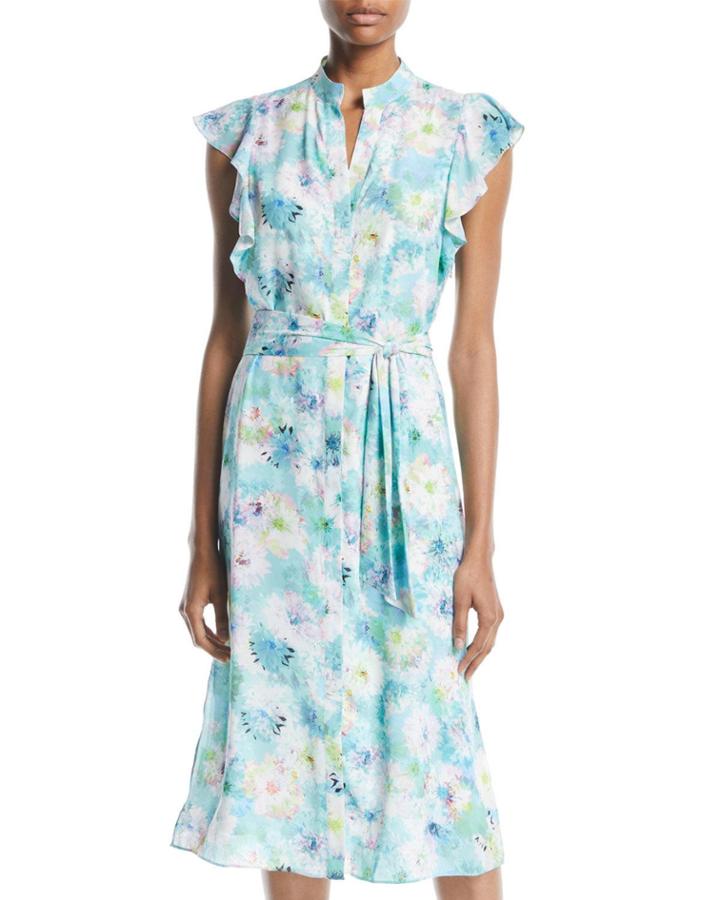High-neck Ruffle-sleeve Belted Floral Dress