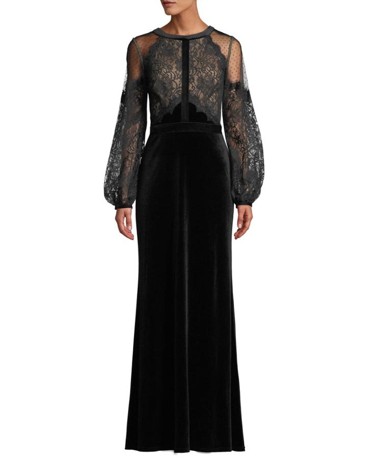 Halter-illusion Long-sleeve Lace & Velvet Gown