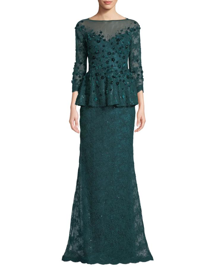 Velvet Flower & Lace Peplum Gown