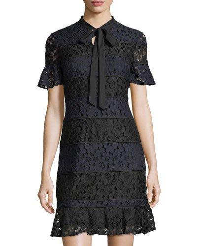 Striped Lace Short-sleeve Dress