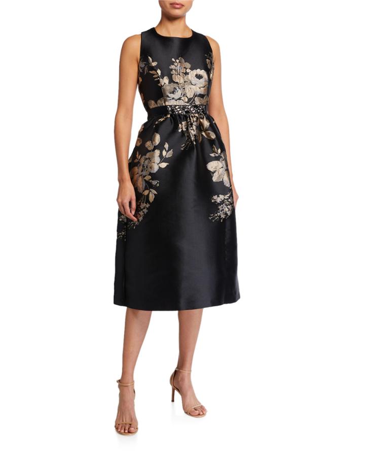 Floral Jacquard Belted Fit-&-flare Dress