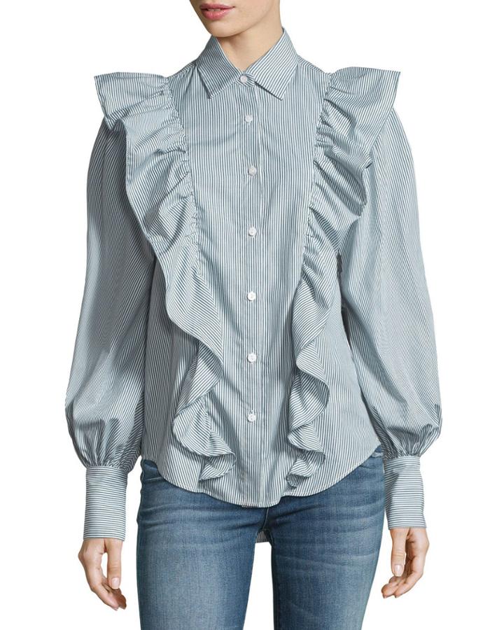 Lowry Ruffled Blouson-sleeve Striped Poplin Top