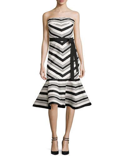 Kirsten Striped Strapless Cocktail Dress, Black/white