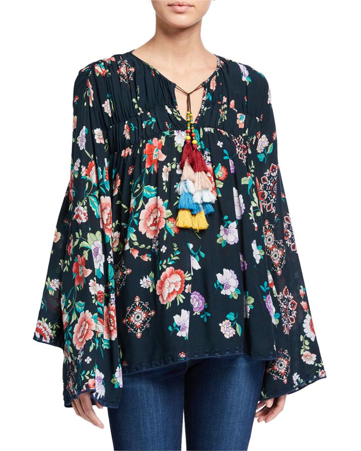 Harley Floral-print Challis Long-sleeve Tassel-tie Top