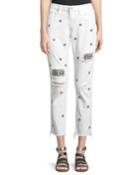 Jeweled Ripped Straight-leg Jeans, White