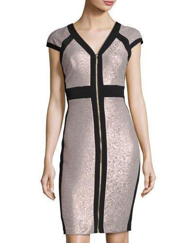 Cap-sleeve Zip-front Dress, Ash/black