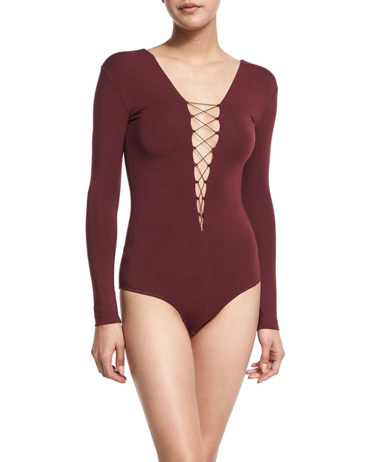 Long-sleeve Lace-up Jersey Bodysuit, Wine