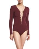 Long-sleeve Lace-up Jersey Bodysuit, Wine