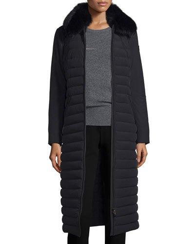 Quilted Long Fur-trim Coat, Nero