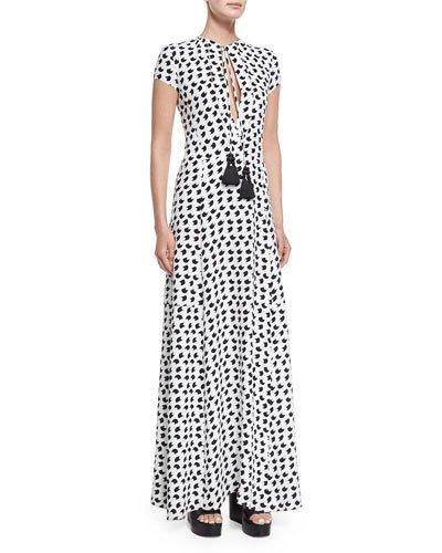 Short-sleeve Crescent-print Gown, White/black
