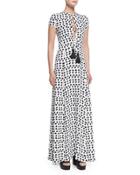 Short-sleeve Crescent-print Gown, White/black