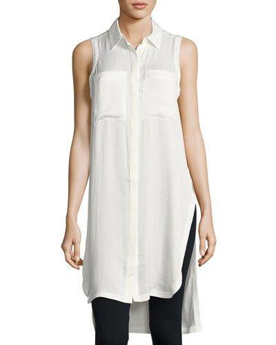 Sleeveless Satin Button-front Tunic