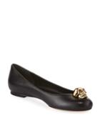 Skull Ornamented Leather Ballet Flats, Black/gold