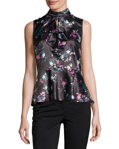 Cascade-front Floral-print Top, Black Pattern