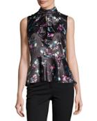 Cascade-front Floral-print Top, Black Pattern