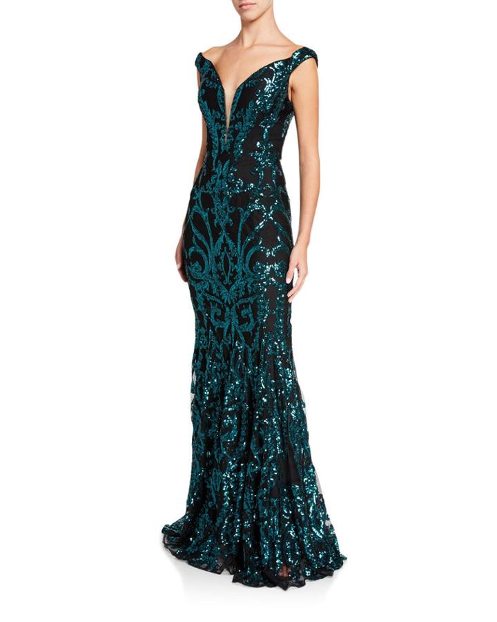 Off-the-shoulder Sequin Embellished Gown