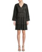 V-neck Full-sleeve Metallic-striped Ruffle Tier Dress