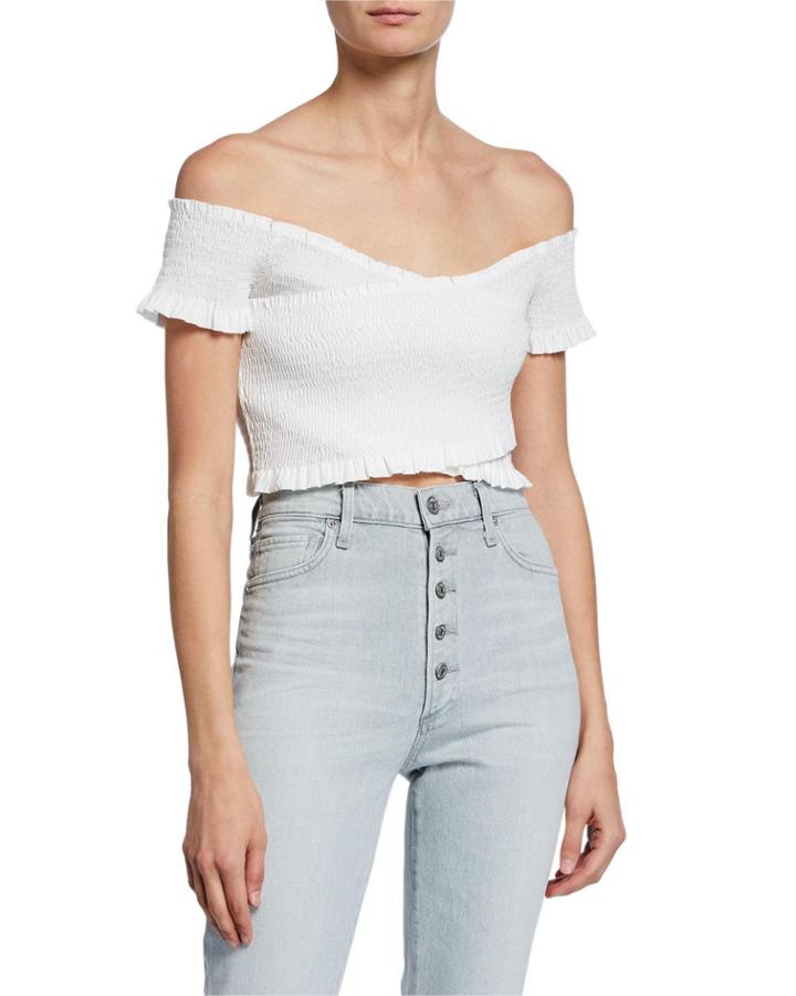 Crossover Off-the-shoulder Smocked Crop Top