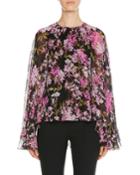 Floral-print Cape-back Bell-sleeve Blouse