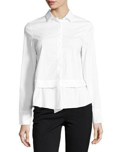 Flounce-hem Poplin Top, White