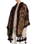 Cashmere Double-face Paisley Stole W/ Fur Trim & Pompoms