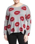Lip-print Split-side Sweater, Gray/red,