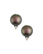 14k Tahitian Black Pearl & Diamond Stud Earrings,