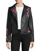 Faux-leather Moto Jacket W/ Crimson Bloom Embroidery