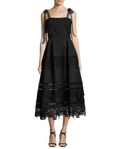 Ribbon-strap Tiered Midi Dress, Black