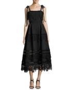 Ribbon-strap Tiered Midi Dress, Black
