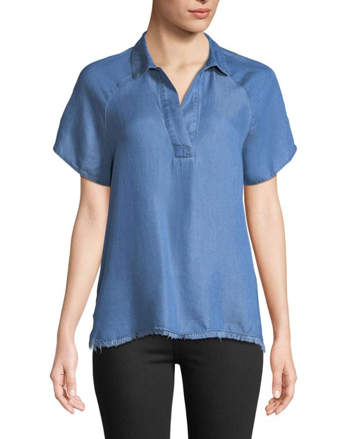 Split Neck High-low Chambray Blouse