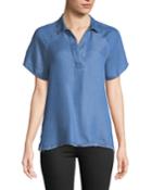Split Neck High-low Chambray Blouse