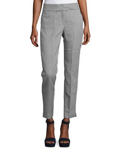 Dot-print Slim Ankle Pants, White/blue