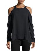 Long-sleeve Cold-shoulder Blouse, Black
