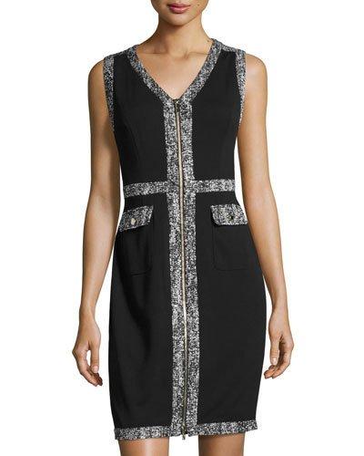 Two-way Zip Tweed-trim Sheath Dress, Black