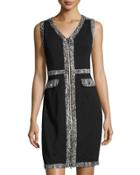 Two-way Zip Tweed-trim Sheath Dress, Black