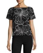 Floral-embroidered Short-sleeve Top, Black/white
